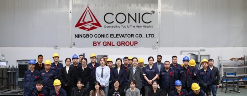 The Ningbo CONIC Elevator team at the factory