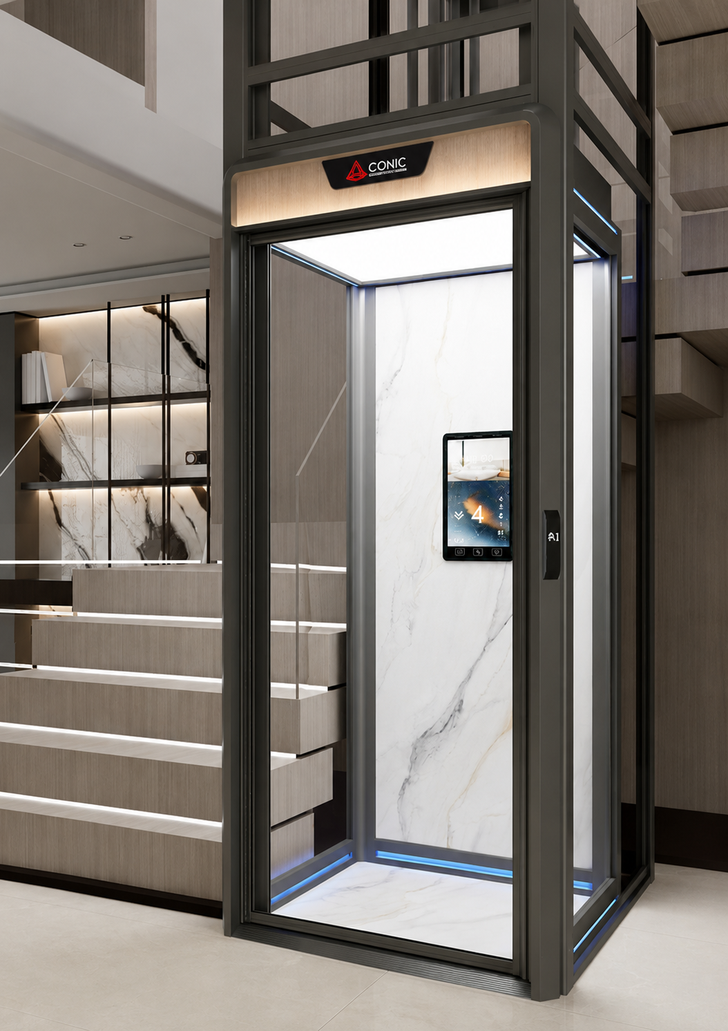 Panoramic elevator on a high-rise facade